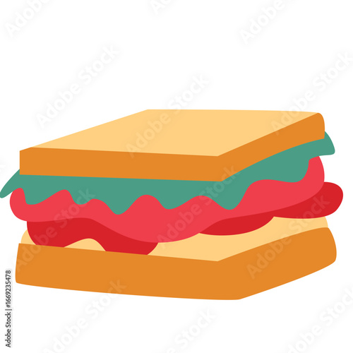 Colorful 2d illustration of a sandwich, featuring bread, lettuce, tomato, and filling, symbolizing food, lunch, snack, meal, taste, and nutrition.