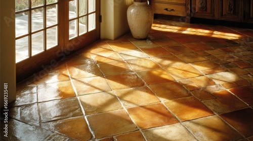 Wallpaper Mural Sun-drenched terracotta tile floor with shadows. Torontodigital.ca