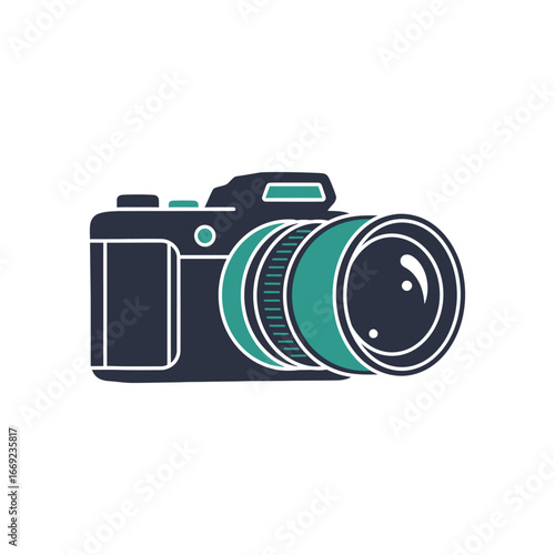 Classic digital SLR photo camera with a vintage lens isolated on a white background