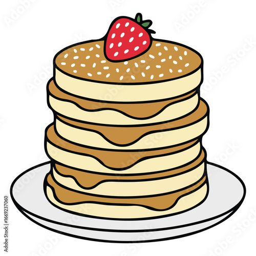 Fluffy Japanese pancakes with powdered sugar and strawberry vector illustration on white background