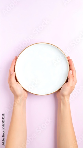 Hands holding empty plate, pastel background