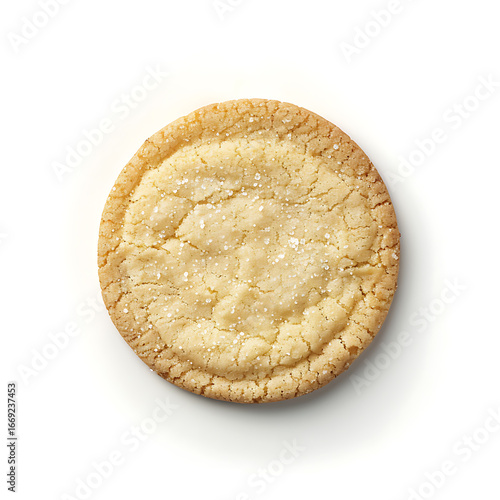 A single round sugar cookie with a golden-brown surface and sprinkled sugar, isolated on a white background.