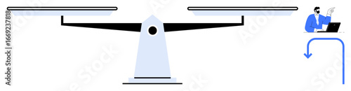 Classic balance scale and businessman working on laptop, symbolizing equilibrium, weighted decisions, legal judgment. Ideal for concepts thumbs up justice, equality, ethics, decision-making