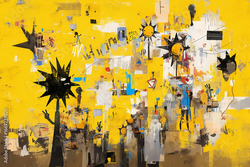抽象的なグラフィティアート、黄色い背景の落書きと太陽のイラスト