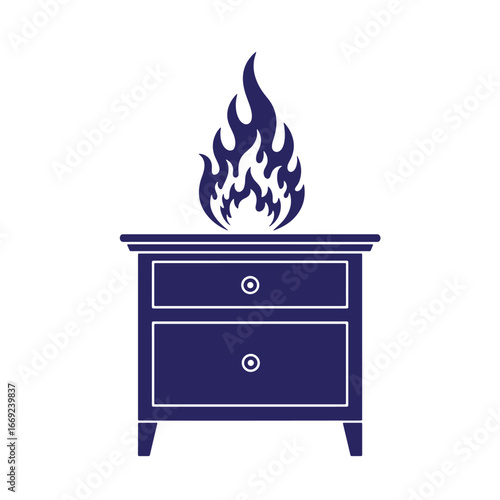 Navy blue nightstand with fire flames silhouette isolated on a clean white background