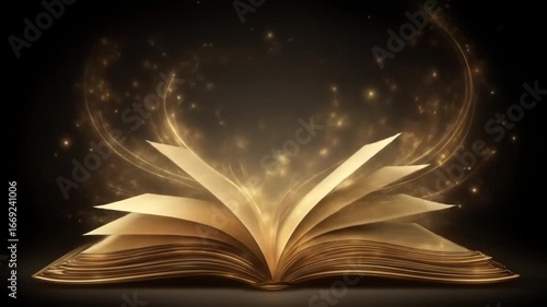 Open book glowing with magical light with fantasy, knowledge, mystery, and black background.
