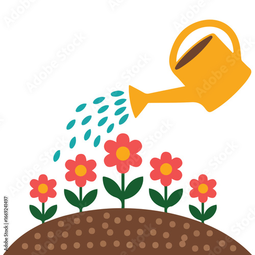Watering flowers seasonal gardening cartoon vector illustration on white background
