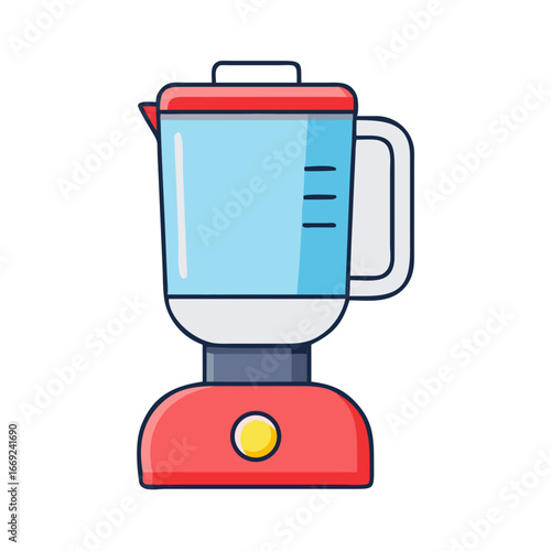 Cartoon style blender with red base and light blue glass container