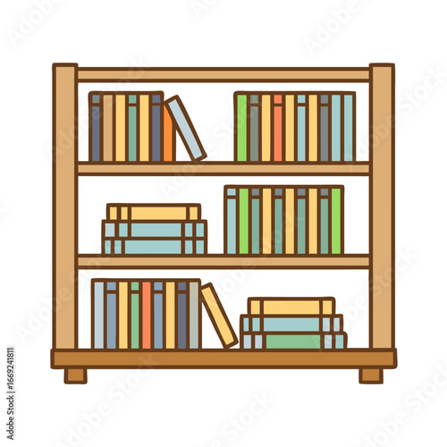 Colorful Books Nicely Arranged on a Three Shelf Wooden Bookcase Illustration
