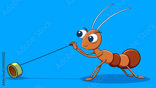 A funny cartoon insect illustration of a brown ant isolated on a blue background