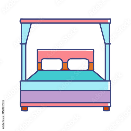 Cartoon depiction of a colorful four poster bed for a restful sleep