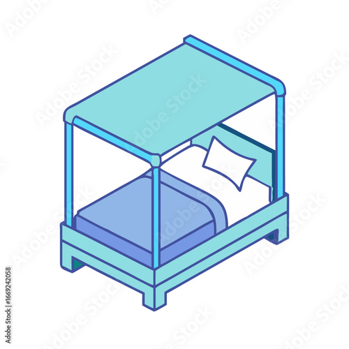 Isometric illustration of a light blue four poster bed on white background