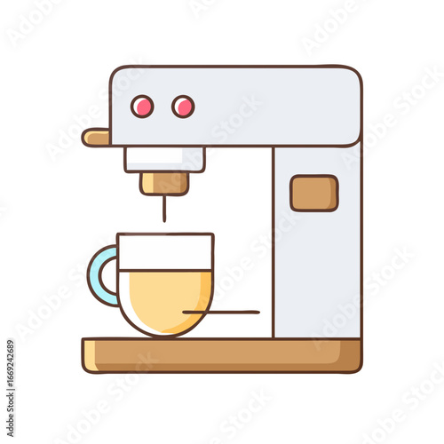 Whimsical depiction of a coffee maker brewing a cup of coffee