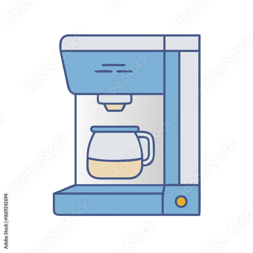 Blue and white coffee maker with carafe full of brewed coffee