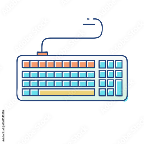 Two connected computer keyboards with colored keys and blue keys