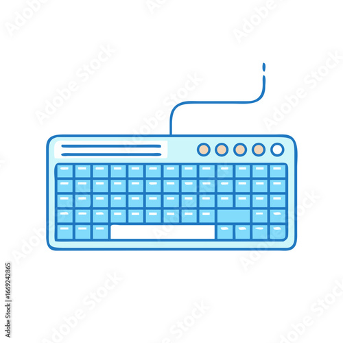 Isolated light blue computer keyboard illustration with cable on a white background
