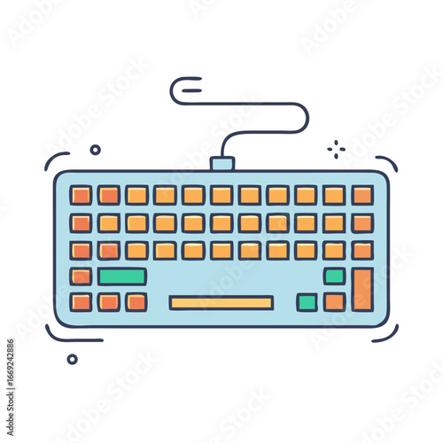 Cartoon illustration of a computer keyboard with a curly cable