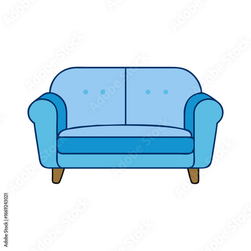 Simple two seat sofa illustration with light blue tones and dark outline