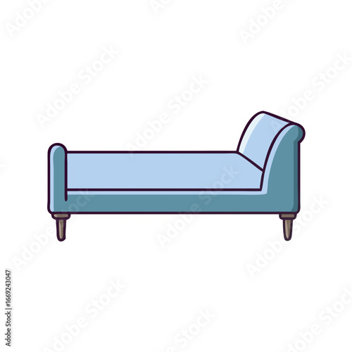 Isolated blue daybed icon with elegant curves, dark outline and small legs