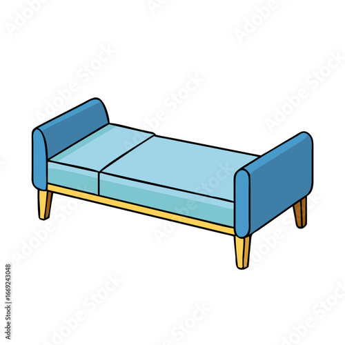 Isometric illustration featuring three distinct light blue beds and daybeds for home decor