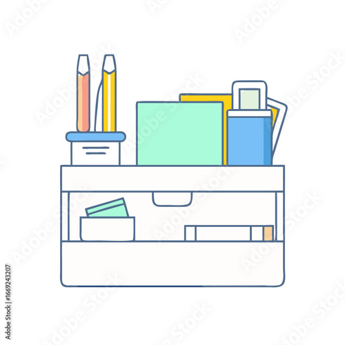 Colorful desk organizer assortment with various compartments and containers