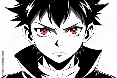 
Minimalist black and white vector illustration of an anime boy silhouette with messy hair and sharp features. Perfect for manga, anime artwork, character design, digital art, graphic design projects,