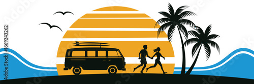 Palm Beach Van and Surfboard Silhouette Vector Illustration for Summer Travel, Coastal Posters, Tropical Decor, Surf Lifestyle Graphics, Beach Vibes, and Retro Adventure Designs