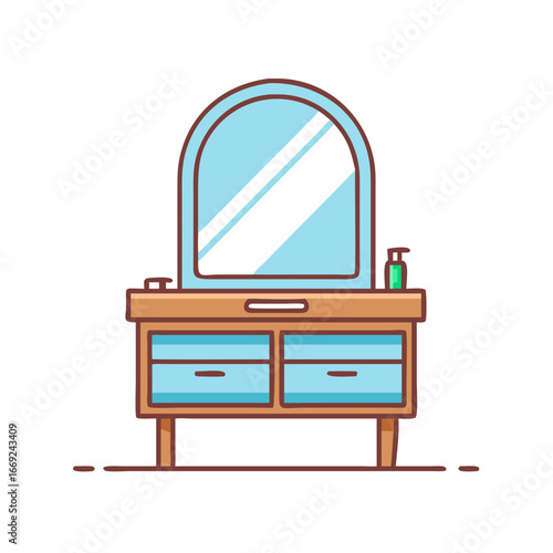 Elegant light wood dressing table with arched mirror and minimalist storage drawers