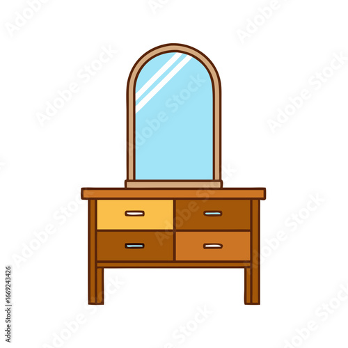 Cartoon style wooden vanity with a rounded mirror and four drawers