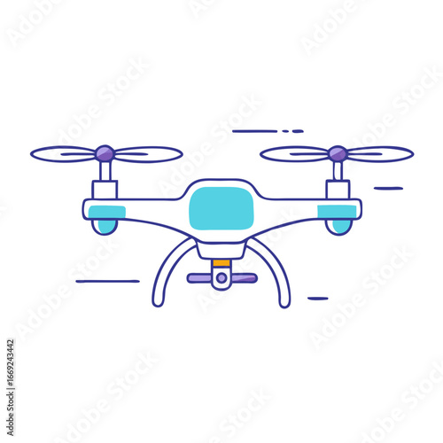 Cartoon Drone with Blue and Purple Accents Set Against a White Background