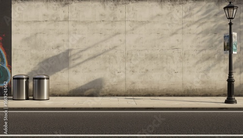 Find urban tranquility with this captivating street scene featuring modern bins and a classic lamp post