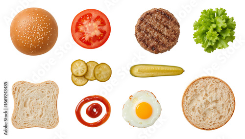 Burger ingredients top view isolated on transparent background for food recipe and cooking concept 