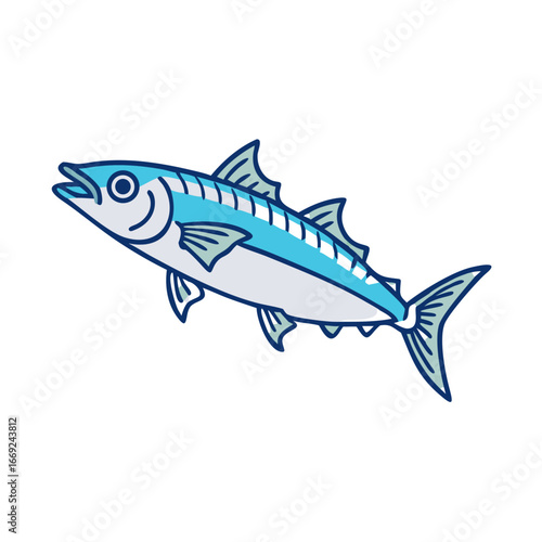 Five colorful king mackerel fish swimming together underwater