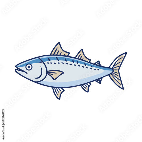A stylized image of a mackerel swimming against a plain white background