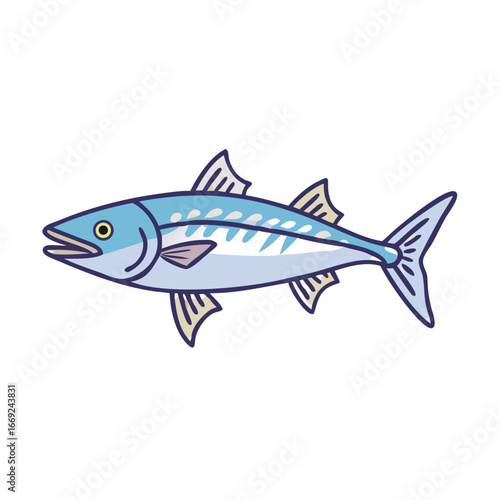 Illustration of a cartoon mackerel fish with blue and white coloring