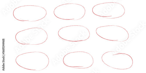 Hand drawn red crayon ovals and circles. Ellipses pencil doodle style set. Red round rough thin frames. Round freehand shapes, emphasis highlights. Vector