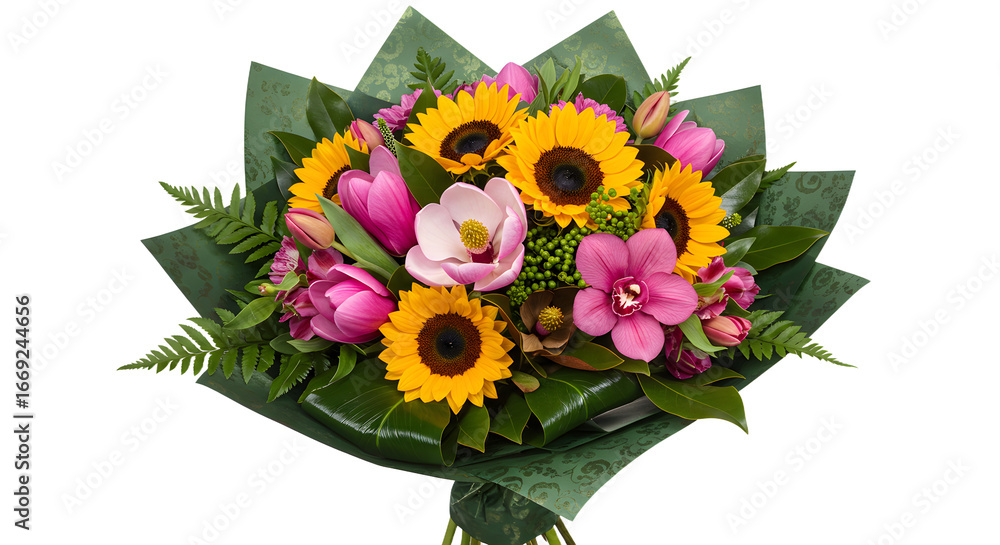 Obraz premium Bright bouquet with sunflowers, pink tulips, and orchids wrapped in green foliage, perfect for floral gifts and special occasions