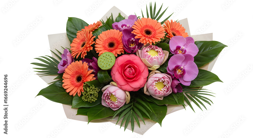 Obraz premium Bright colorful flower bouquet with roses, gerbera daisies, orchids, and lotus pods, perfect for gifts and special occasions