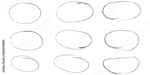 Hand drawn crayon ovals and circles. Ellipses pencil doodle style set. Red round rough thin frames. Round freehand shapes, emphasis highlights. Vector