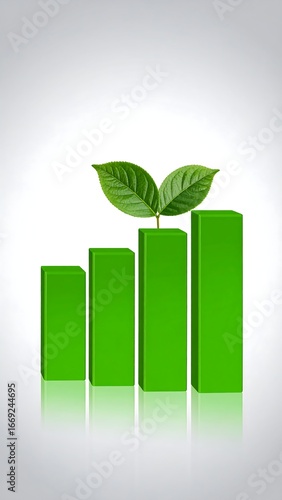 Green bar graph with plant growth, signifying environmental progress or sustainable development