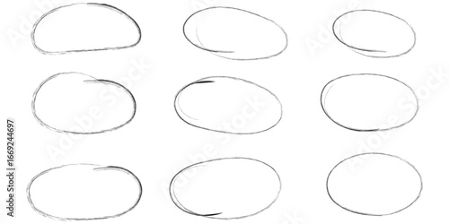 Hand drawn crayon ovals and circles. Ellipses pencil doodle style set. Red round rough thin frames. Round freehand shapes, emphasis highlights. Vector