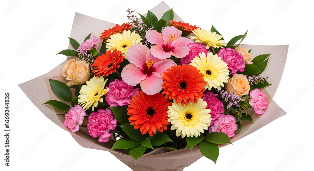 Naklejka premium Colorful bouquet of assorted flowers including hibiscus, gerbera daisies, roses, and carnations wrapped in pink paper, perfect for gifts and celebrations
