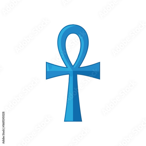 Ancient Egyptian Ankh Symbol. A vibrant cerulean key of existence, this powerful age-old artifact represents eternal vitality and well-being. Isolated on a dark background.