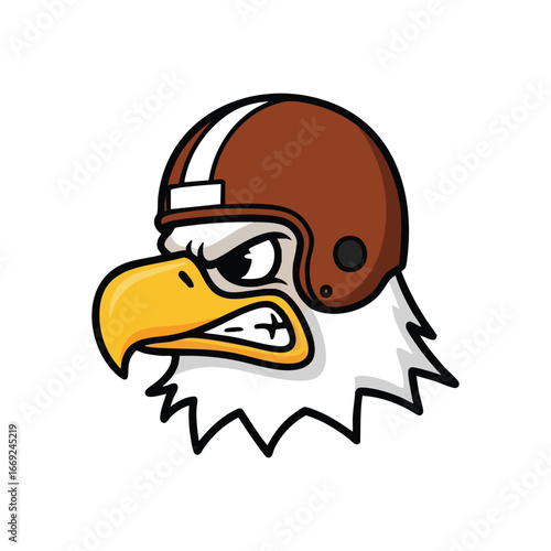 Aggressive Eagle Football Mascot. Illustration of a powerful raptor wearing a vintage gridiron headgear, symbolizing robust athleticism, team spirit, and intense competitive drive.