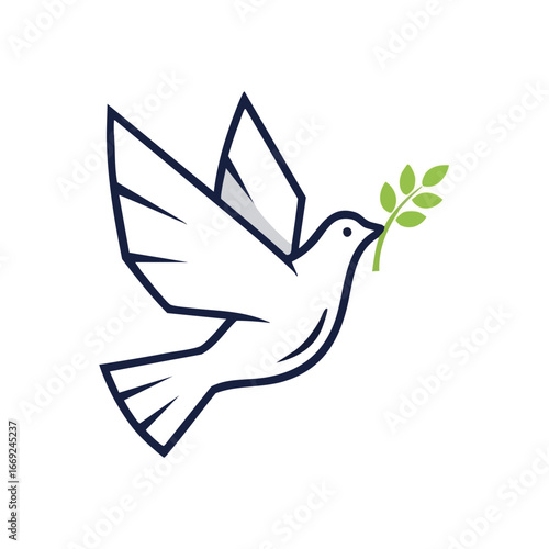 Peace Dove with Olive Branch Flying. Graceful avian graphic showcasing a pristine feathered creature bearing a green sprig. This potent emblem conveys universal harmony, hope, and new beginnings.