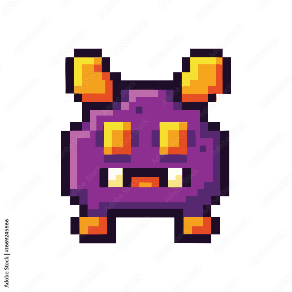 Obraz premium Retro Game Purple Critter. Delightful pixel art beast in bright violet and orange hues, embodying classic arcade game charm. An amiable digital character for cheerful designs.
