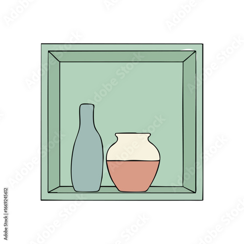 Minimalist Vessels on Shelf. Hand-drawn artwork features two artful ceramic containers resting inside a sage green recess, conveying a sense of serene balance and calm.