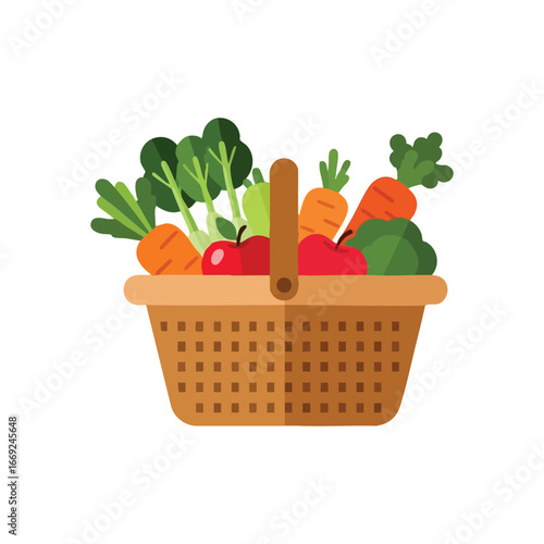 Fresh Produce Basket Illustration. Vibrant wicker hamper brimming with wholesome fruits and garden greens, symbolizing healthy eating and a bountiful harvest.