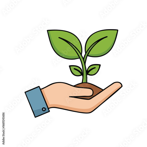 Hand Nurtures Growing Green Sprout. A human palm cradles a tender plant, symbolizing environmental preservation, fresh starts, and sustainable development. Excellent for ecology themes.