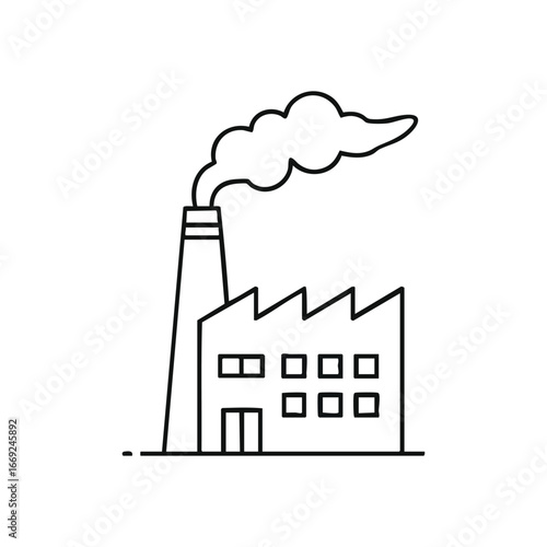 Factory Building Emitting Smoke. Clean graphic representation of an industrial site with an active smokestack. Symbolizes output, development, and environmental concerns.